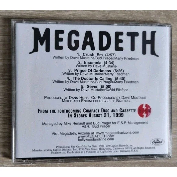 MEGADETH Risk Promo CD 5 Tracks Sampler 1999 Capitol Records DPRO 7087 RARE HTF